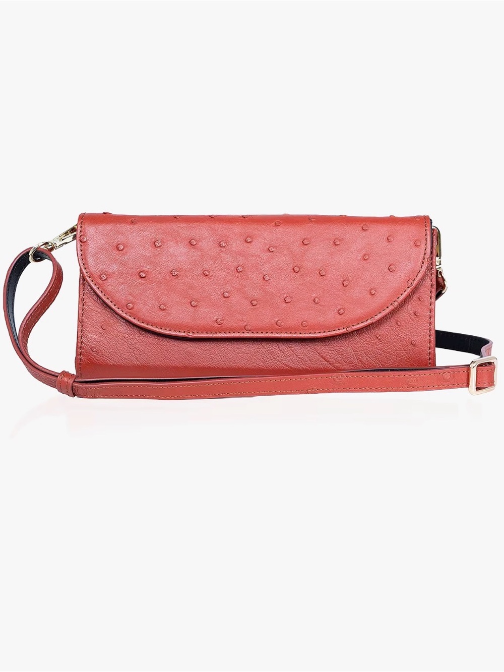 Grand Pelle Womens Red Genuine Ostrich Leather Crossbody Wallet Purse New In Box